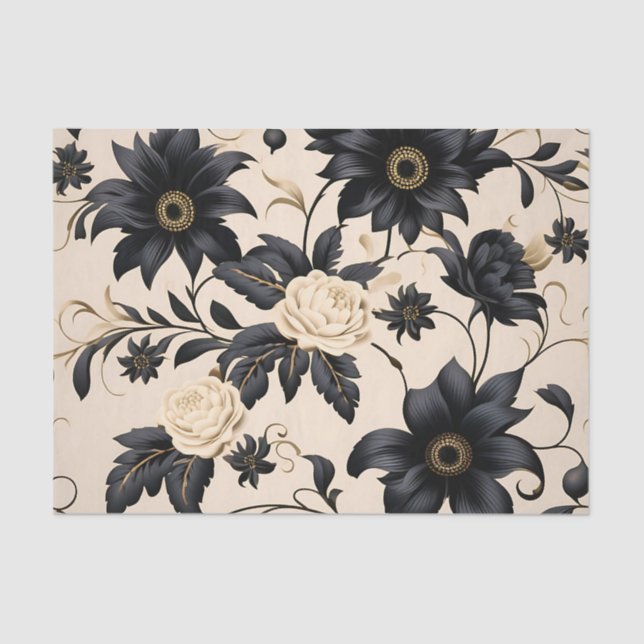 Papel De Seda Flores negras en el patrón beige (Anverso)