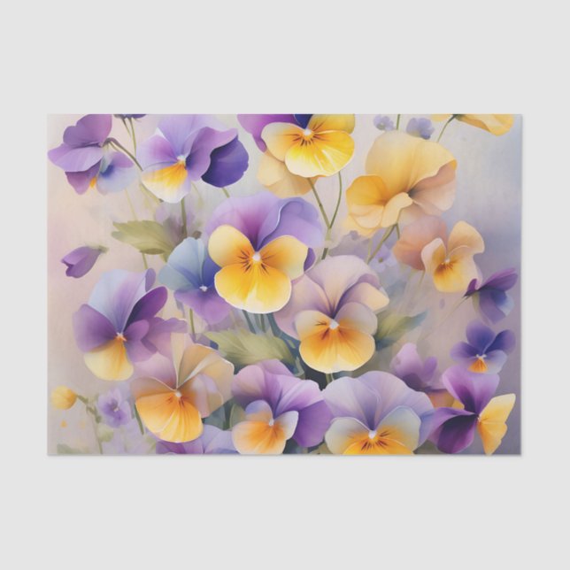 Papel De Seda Flores Pansy Delicadas en acuarela suave (Anverso)