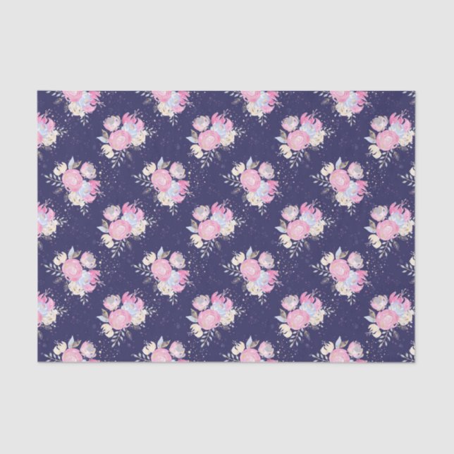 Papel De Seda Flores pasteles acuarelas con acentos Purpurinas (Anverso)