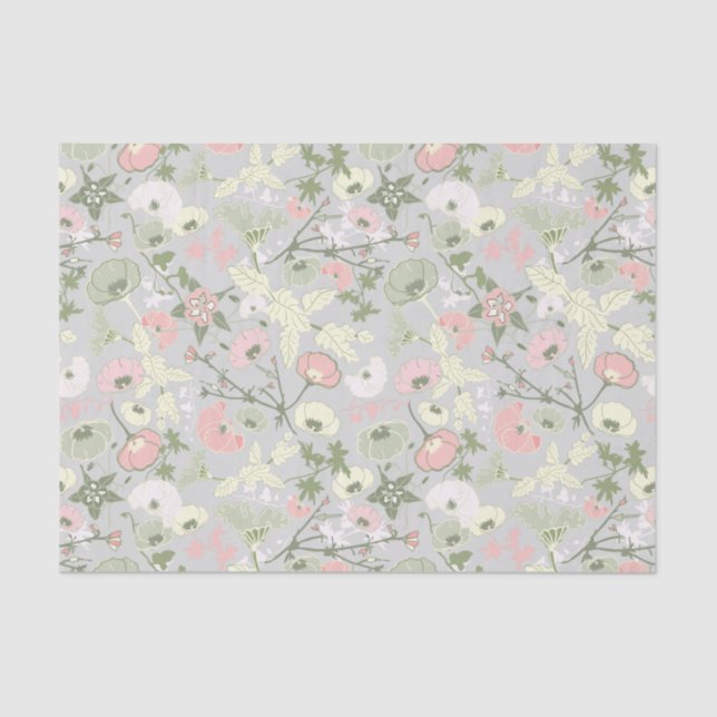 Papel De Seda Flores Patrón floral verde rosa (Anverso)