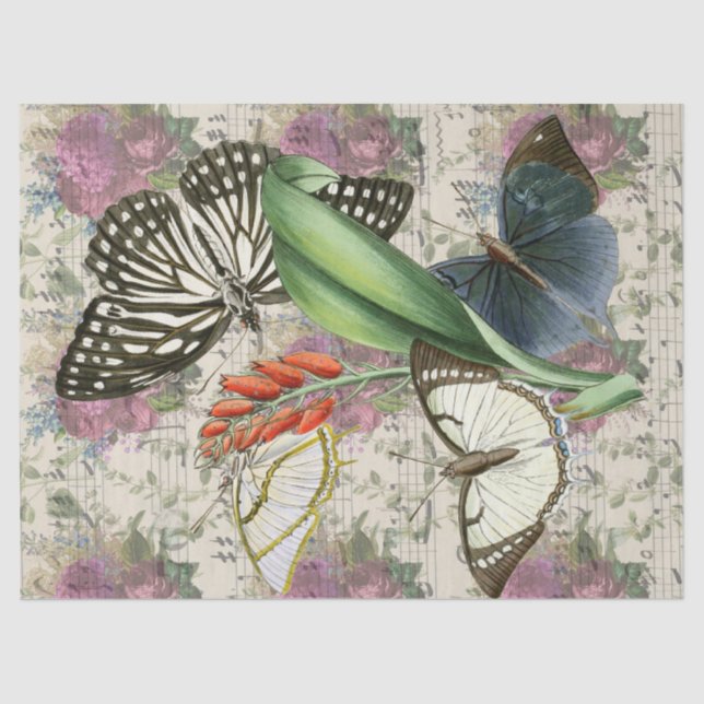 Papel De Seda Flores púrpura, mariposas con música descompuesta (Anverso)