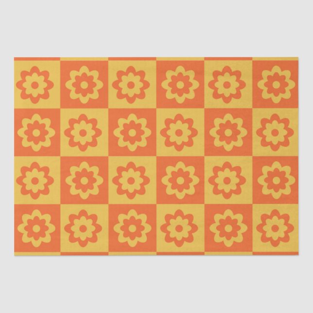 Papel De Seda Flores Retro Amarillas y Naranjas a Cuadros (Anverso)