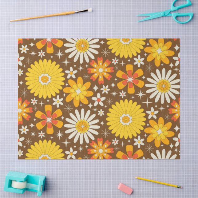 Papel De Seda Flores retro de los 70 con explosiones atómicas en (Artesanía)