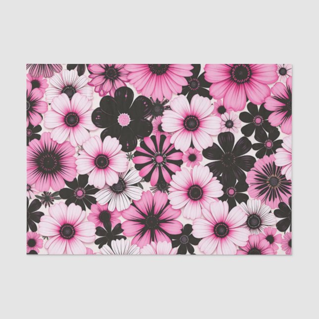 Papel De Seda Flores retro en rosa y negro (Anverso)