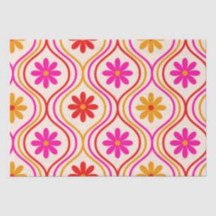 Papel De Seda Flores Retro Hippie en Ogee Rojo Naranja Rosa