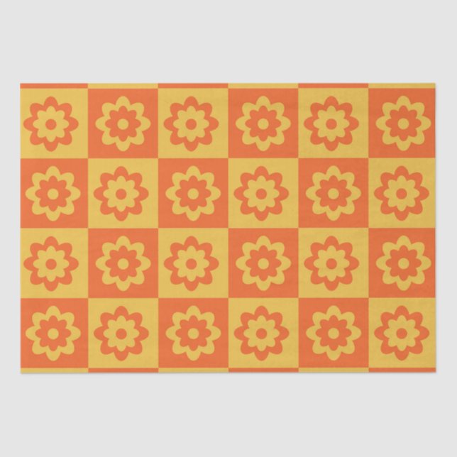 Papel De Seda Flores retro Naranja amarillo a cuadros (Anverso)