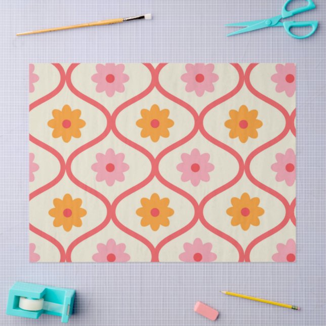 Papel De Seda Flores retro naranjas y rosadas sobre patrón Ogee (Artesanía)
