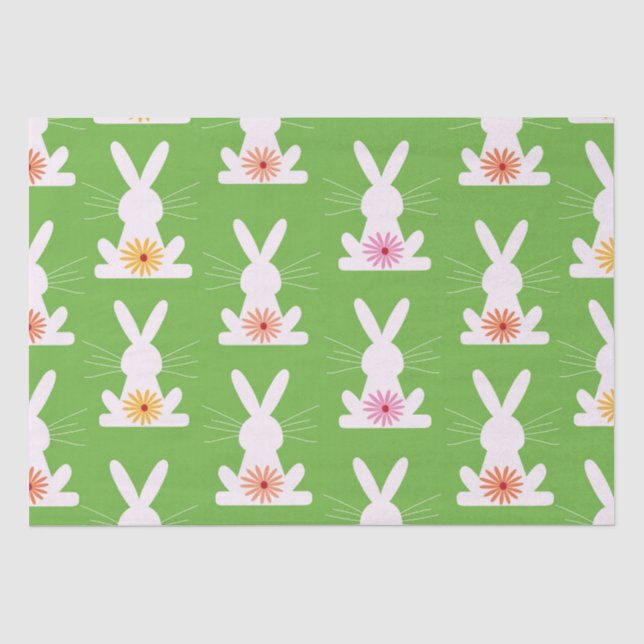 Papel De Seda Flores Retro sobre Conejos Blancos Geométricos (Anverso)