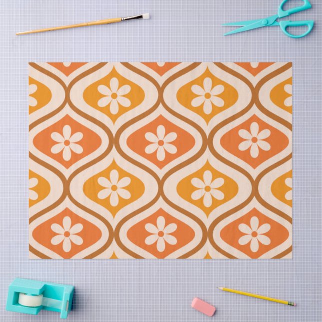 Papel De Seda Flores retro sobre patrón ogee naranja y ámbar (Artesanía)