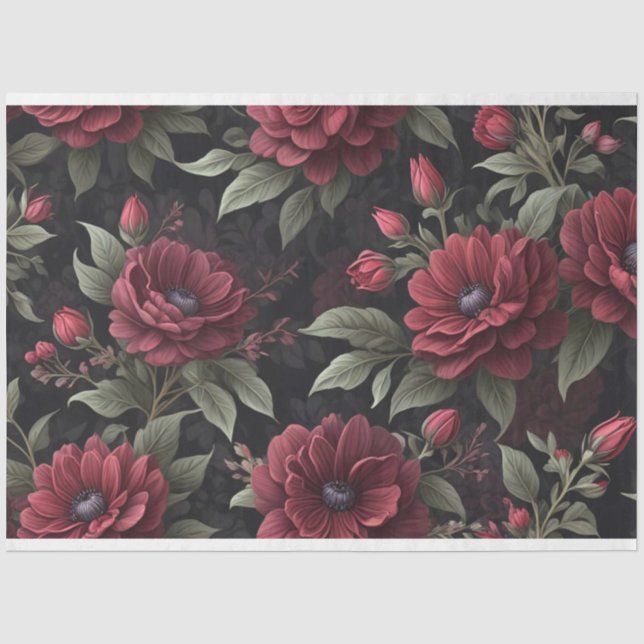 Papel De Seda Flores Rojas Borgoña Decoupage Gótico (Anverso)