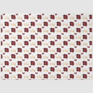 Papel De Seda Flores rojas de Borgoña y coronas de oro