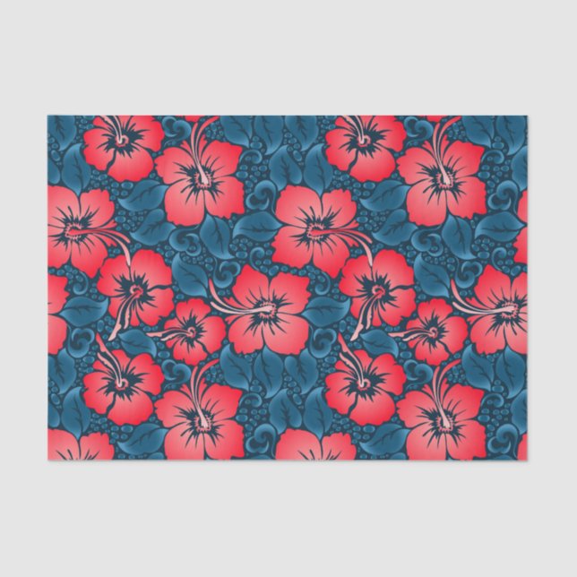 Papel De Seda Flores rojas tropicales en la marina (Anverso)