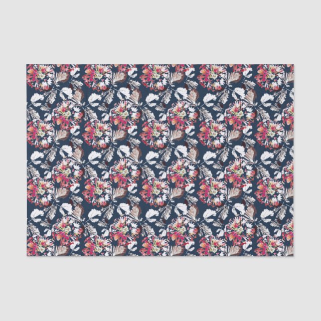 Papel De Seda Flores rojas y blancas en azul. (Anverso)