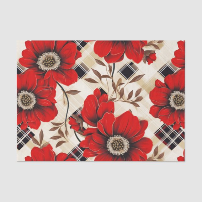 Papel De Seda Flores rojas y cuadros (Anverso)