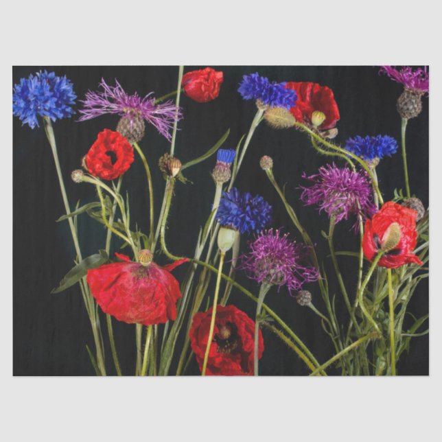 Papel De Seda Flores Rojas Y Flores Azules En Fondo Negro (Anverso)