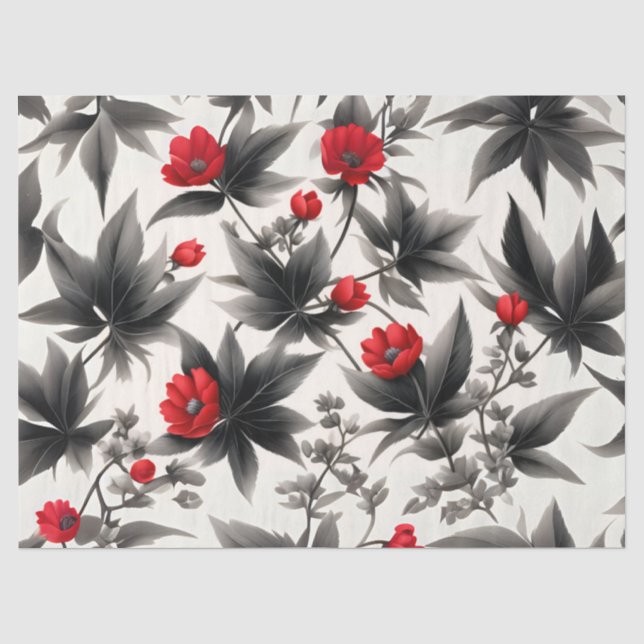 Papel De Seda Flores rojas y hojas negras sobre decoupage blanco (Anverso)