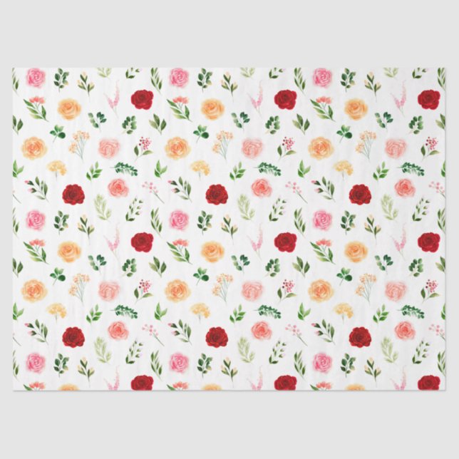 Papel De Seda Flores Rojas y Naranjas con Patrón de Follaje (Anverso)