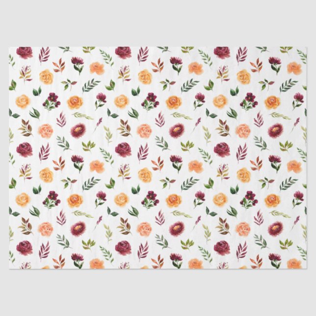 Papel De Seda Flores Rojas y Naranjas con Patrón de Follaje (Anverso)
