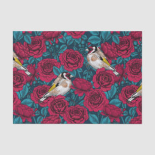 Papel De Seda Flores rojas y pájaros dorados