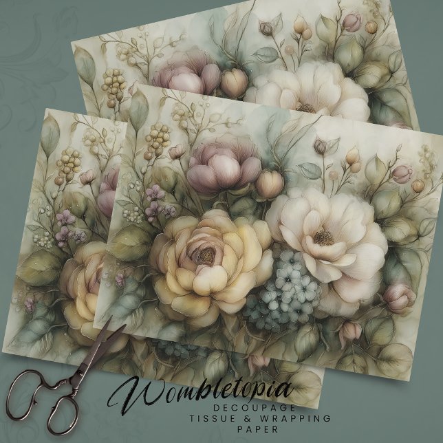 Papel De Seda Flores Románticas Antiguas en Amarillo Azul Decoup (Subido por el creador)