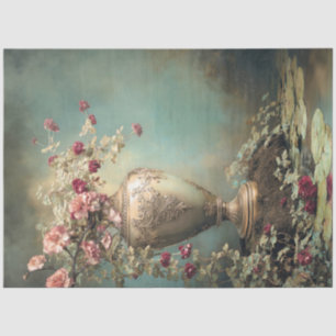 Papel De Seda Flores Románticas, Jarrón Barroco Verde Salvia