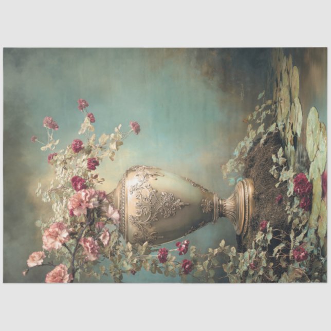 Papel De Seda Flores Románticas, Jarrón Barroco Verde Salvia (Anverso)