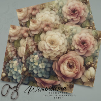 Papel De Seda Flores Románticas Vintage en Decoupage Rosa Azul