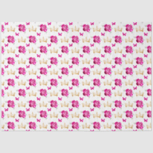 Papel De Seda Flores rosadas calientes y coronas de oro