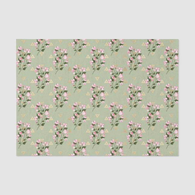 Papel De Seda Flores rosadas con hojas verdes 3 (Anverso)