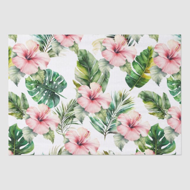 Papel De Seda Flores rosadas de hibiscus en hojas tropicales (Anverso)