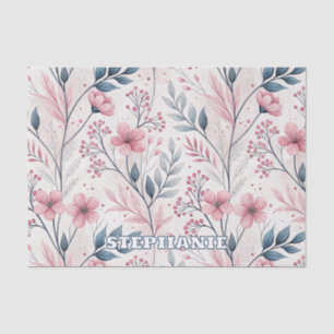 Papel De Seda Flores rosadas delicadas con follaje azul apagado