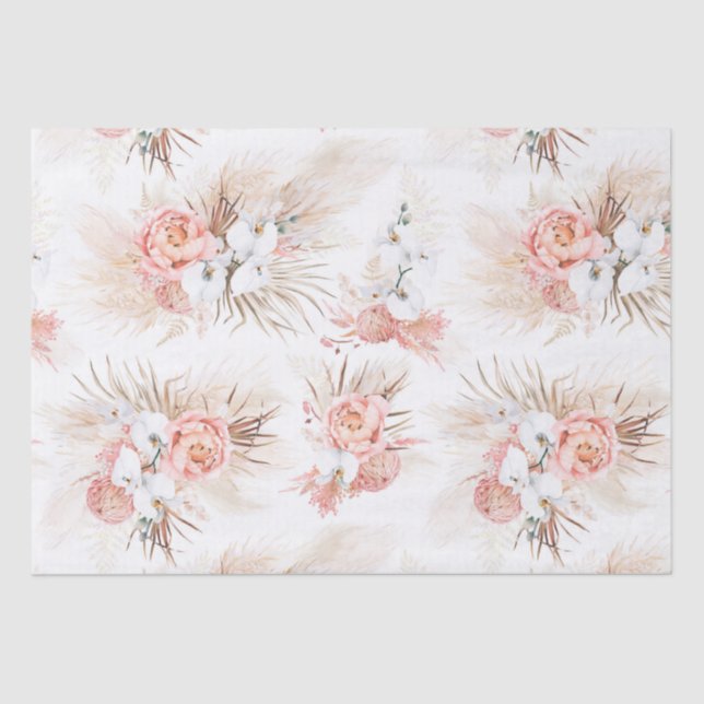 Papel De Seda Flores rosadas hierba de pampas bohemio tropical (Anverso)