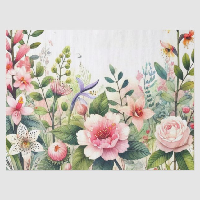 Papel De Seda Flores Rosadas Hojas Verdes (Anverso)