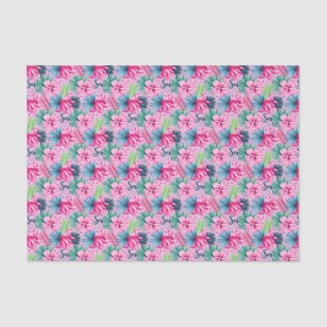 Papel De Seda Flores rosadas verdes azules Floral Brillante Trop (Anverso)