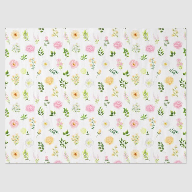Papel De Seda Flores rosadas y amarillas con patrón de follaje (Anverso)