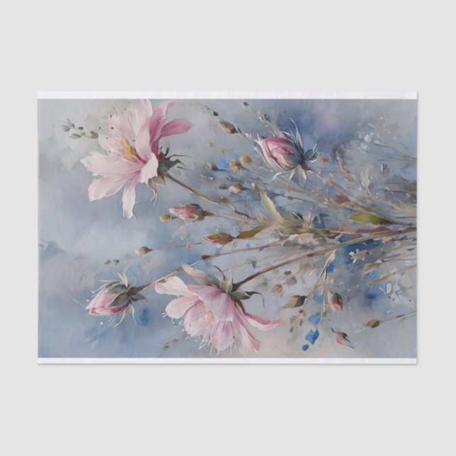 Papel De Seda Flores rosadas y azules Decoupage acuarela (Anverso)