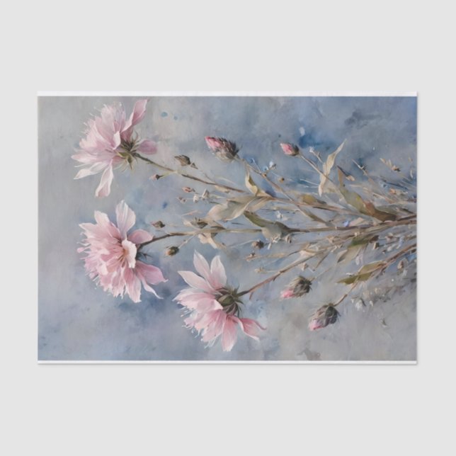 Papel De Seda Flores rosadas y azules Decoupage de acuarela (Anverso)