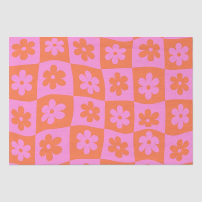 Papel De Seda Flores rosadas y naranjas retro deformadas a cuadr (Anverso)