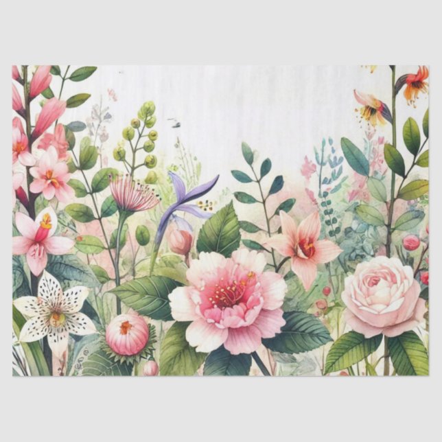 Papel De Seda Flores rosas hojas verdes (Anverso)