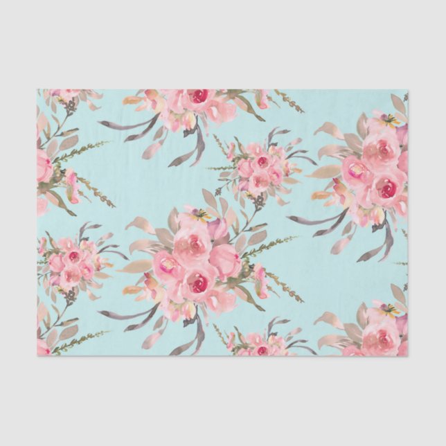 Papel De Seda Flores rosas Rubor en azul claro (Anverso)