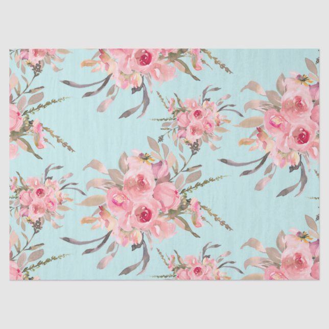 Papel De Seda Flores rosas Rubor en azul claro (Anverso)