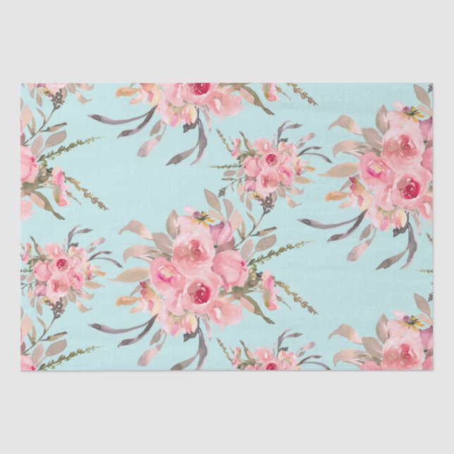 Papel De Seda Flores rosas Rubor en azul claro (Anverso)
