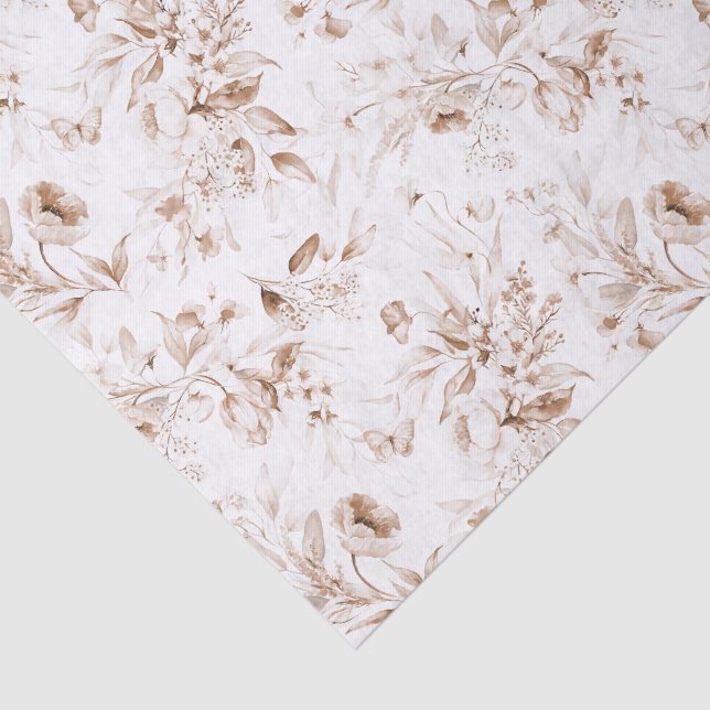 Papel De Seda Flores Sepia sobre Blanco Cumpleaños de Bebé Boho (Detalle)