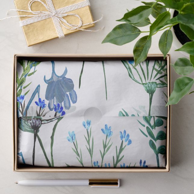 Papel De Seda Flores silvestres acuarela verde azul  (Regalo )
