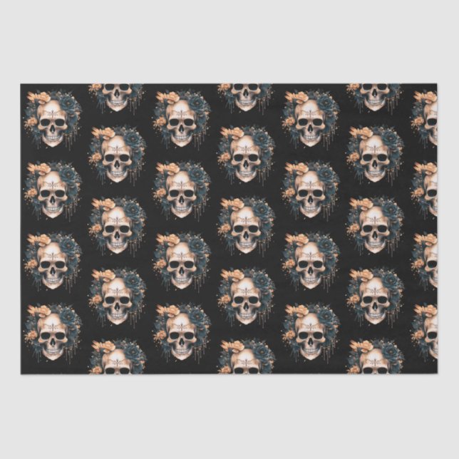 Papel De Seda Flores Skull Black and Gold Pattern Halloween (Anverso)