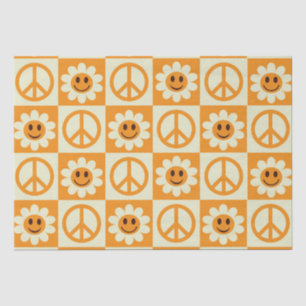 Papel De Seda Flores Sonrientes de Cuadros y Signos de Paz Naran