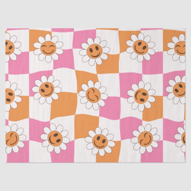Papel De Seda Flores sonrientes retro en tableros de ajedrez def (Anverso)