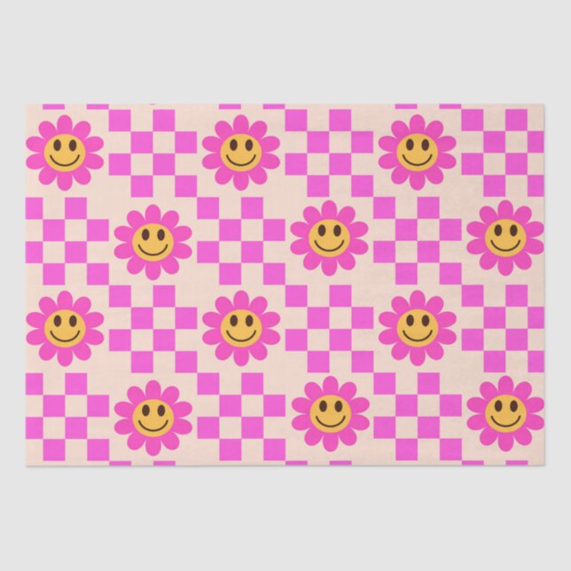 Papel De Seda Flores sonrientes rosadas calientes con cuadrados (Anverso)