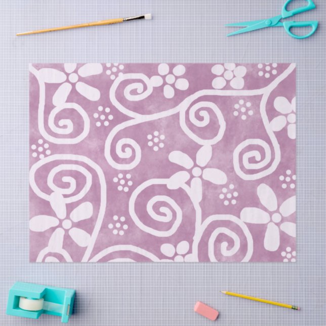 Papel De Seda Flores Swirls Dusty Pink White Pattern Decoupage (Artesanía)