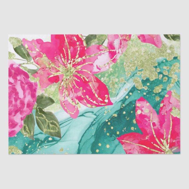 Papel De Seda Flores Tropicales Rosadas Acuarela Tinta Alcohólic (Anverso)